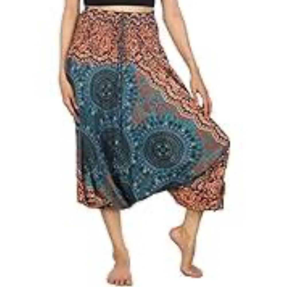 Lofbaz Womens Harem Pants Teal Orange Patchwork Mandala Boho Yoga Trousers Large